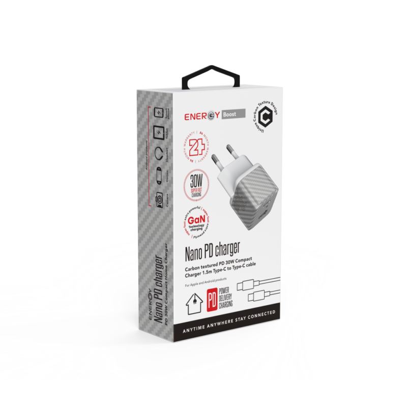 מטען בית ENERGY Carbon GaN Nano PD30W+C to C 1.5M כסף