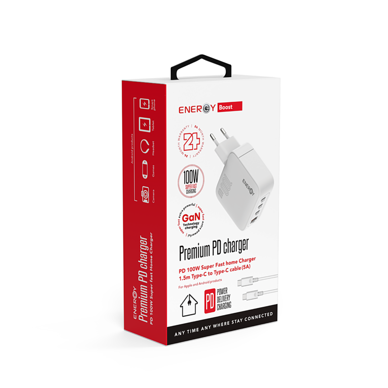 מטען בית ENERGY Premium 3C+1QC PD100W with C to C 1.5M cable לבן