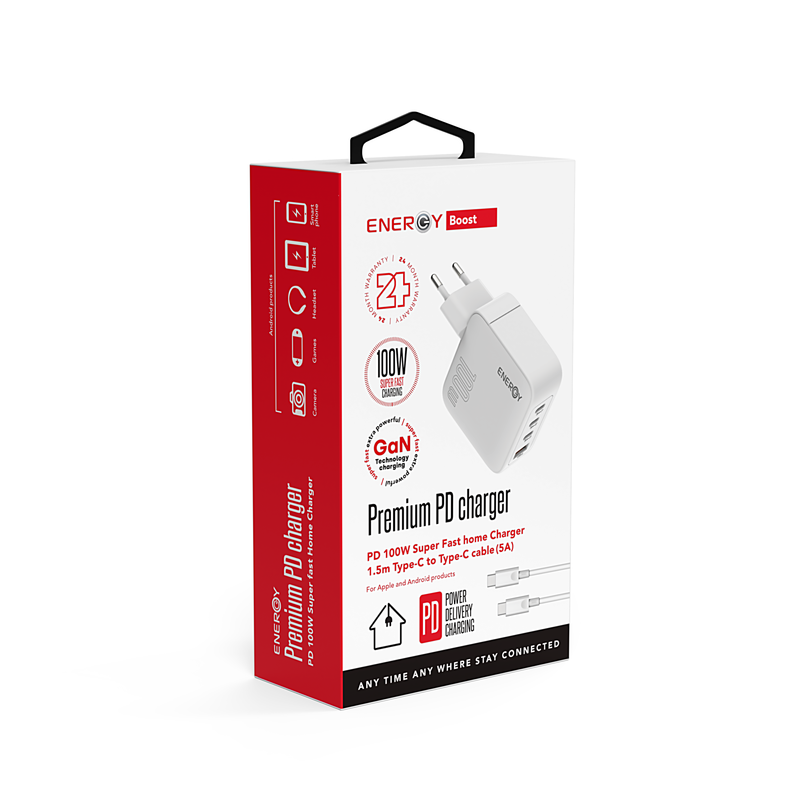 מטען בית ENERGY Premium 3C+1QC PD100W with C to C 1.5M cable לבן